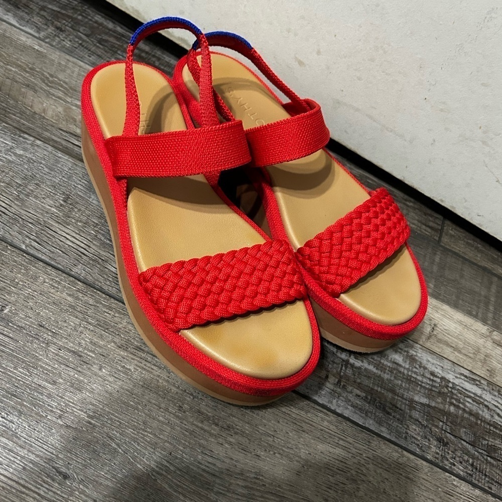 Rothy's The Lightweight Platform Wedge Sandals Red Hot Woven Size 9 - Picture 2 of 13